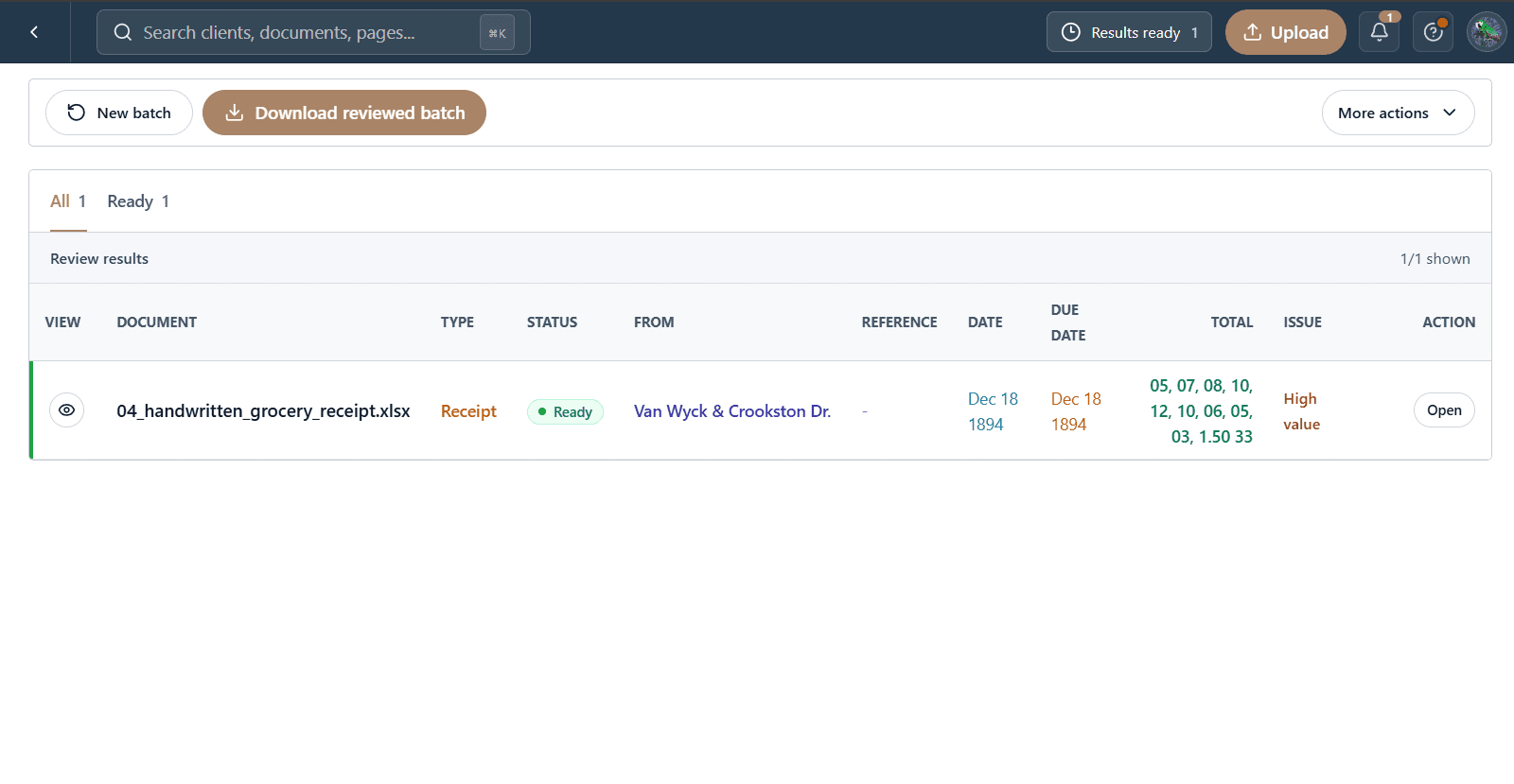 AxLiner Batch Review Board with source documents and editable extracted fields
