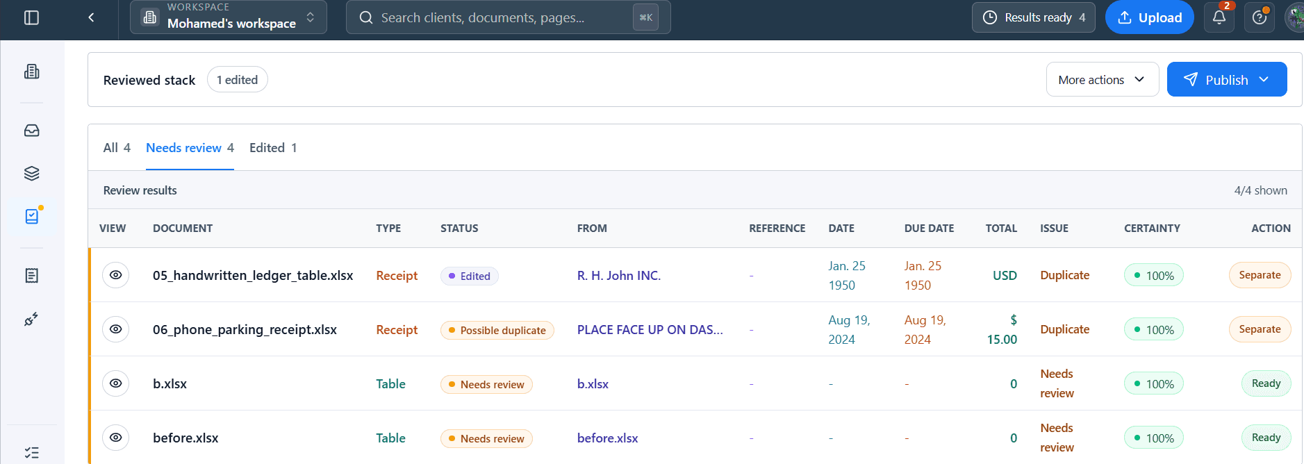 AxLiner product view showing a batch of accounting documents ready for review