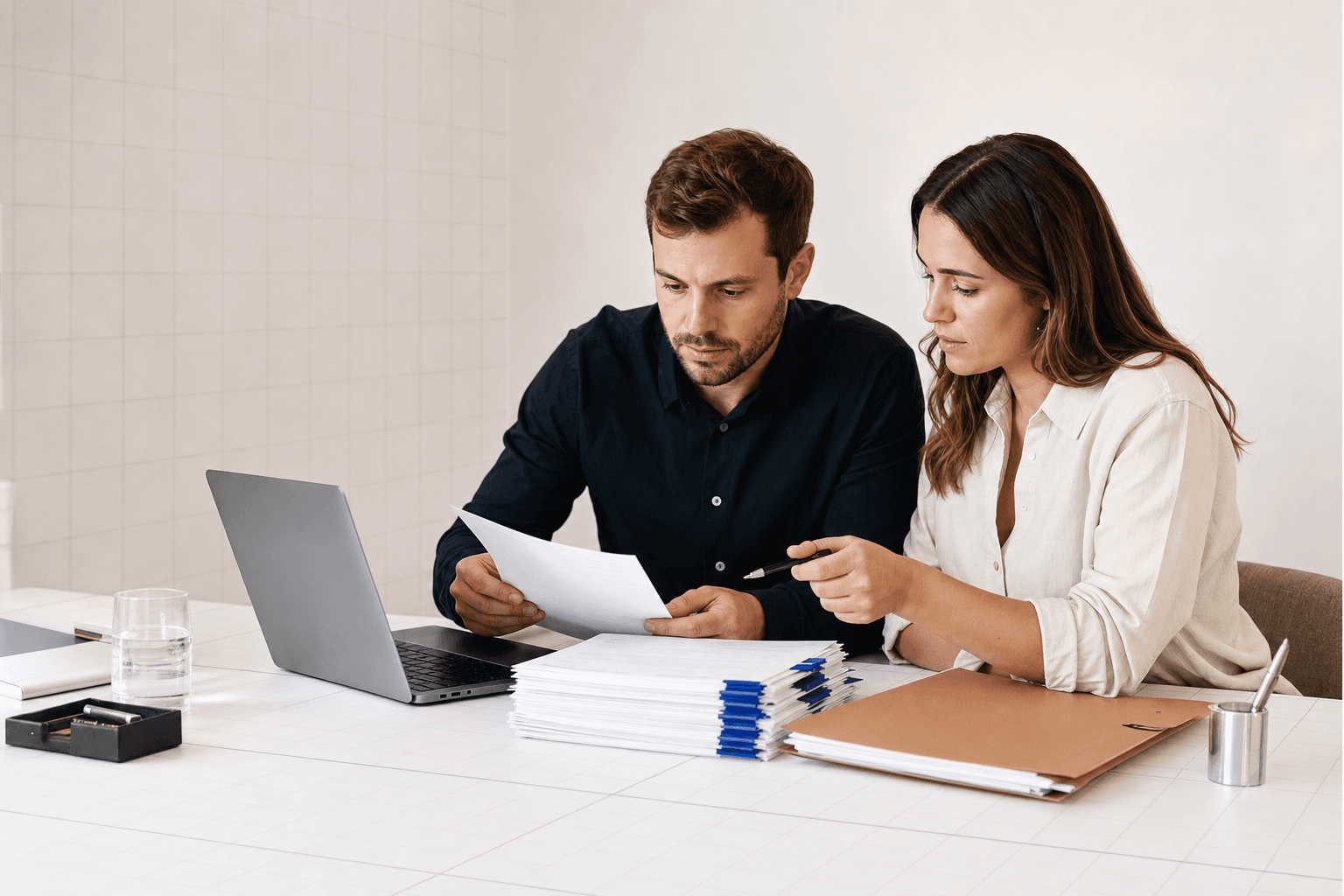 Two professionals reviewing a batch of source documents together